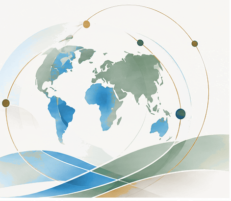 ISG illustration of a translucent globe showing MENA, Africa, Asia and Europe encircled by a connecting orbit of markers.