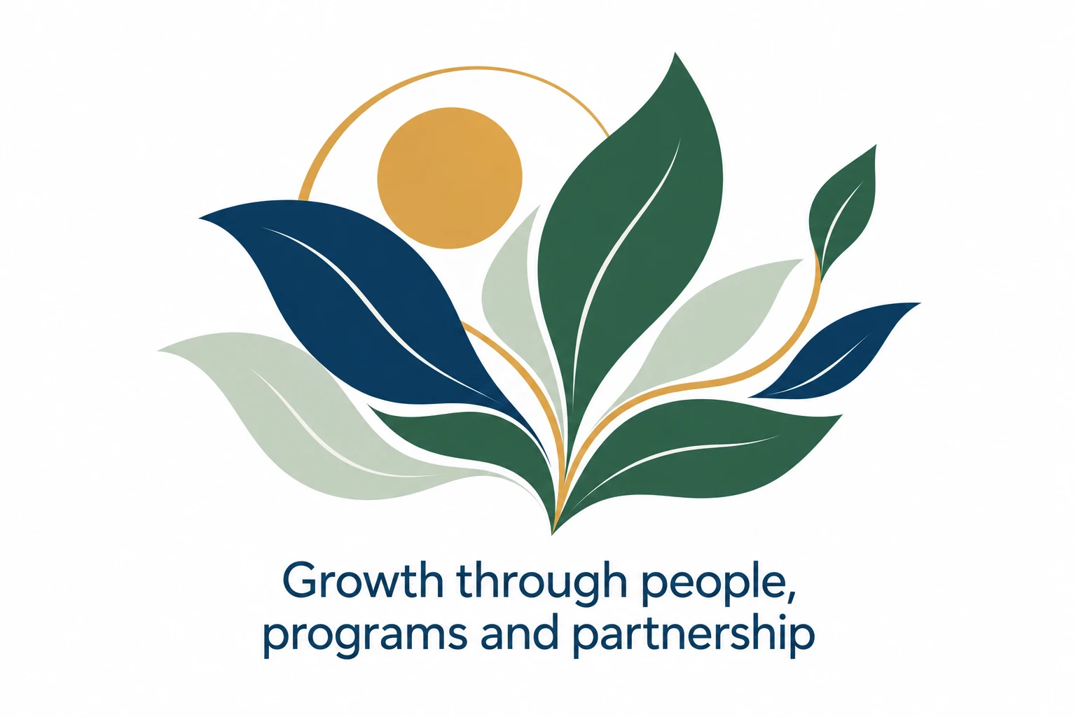 Illustration of navy, forest and sage leaves rising toward a gold sun and ring, captioned “Growth through people, programs and partnership.”
