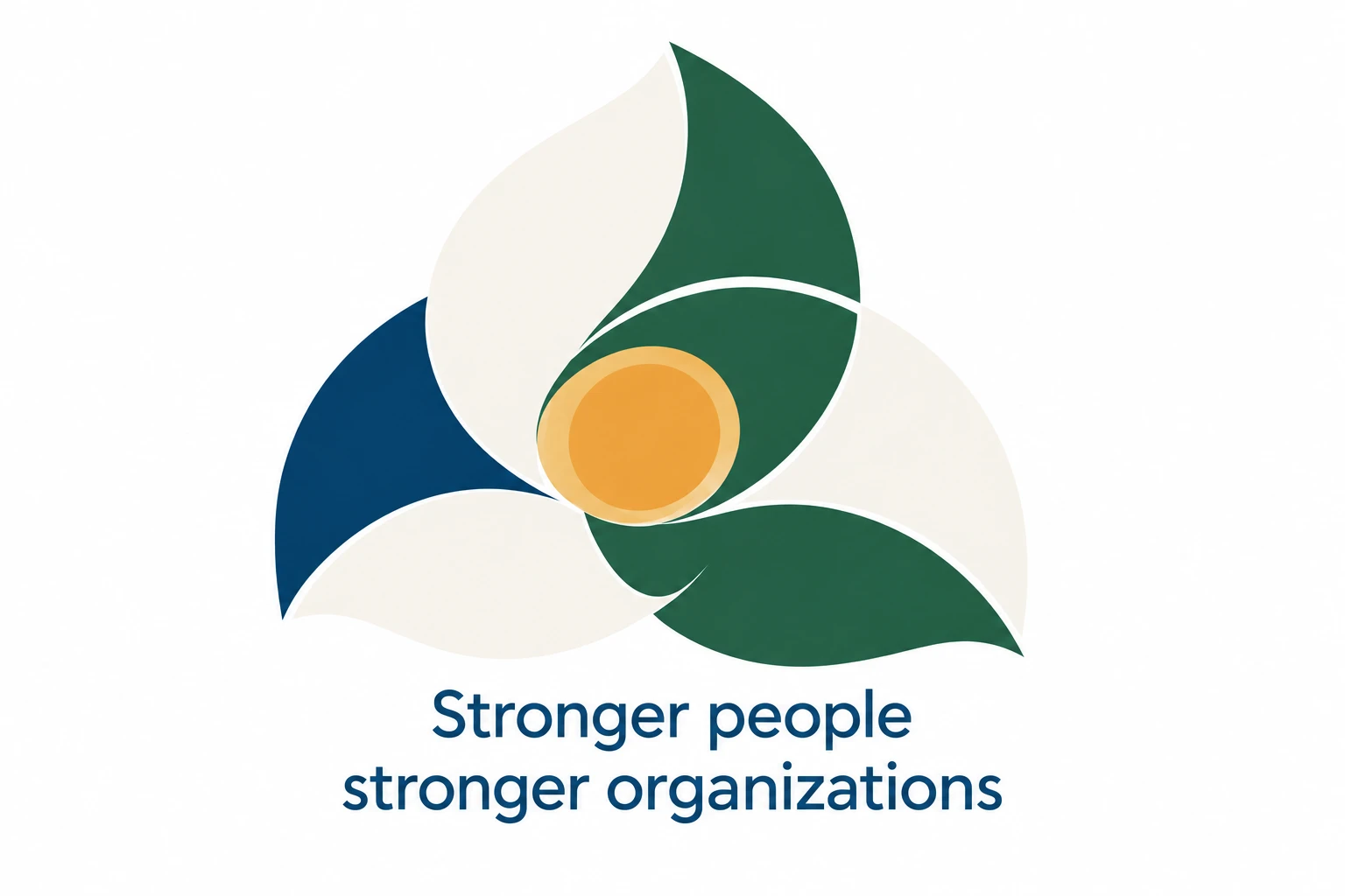 Illustration of three interlocking navy, forest and cream leaf forms around a gold center, captioned “Stronger people, stronger organizations.”
