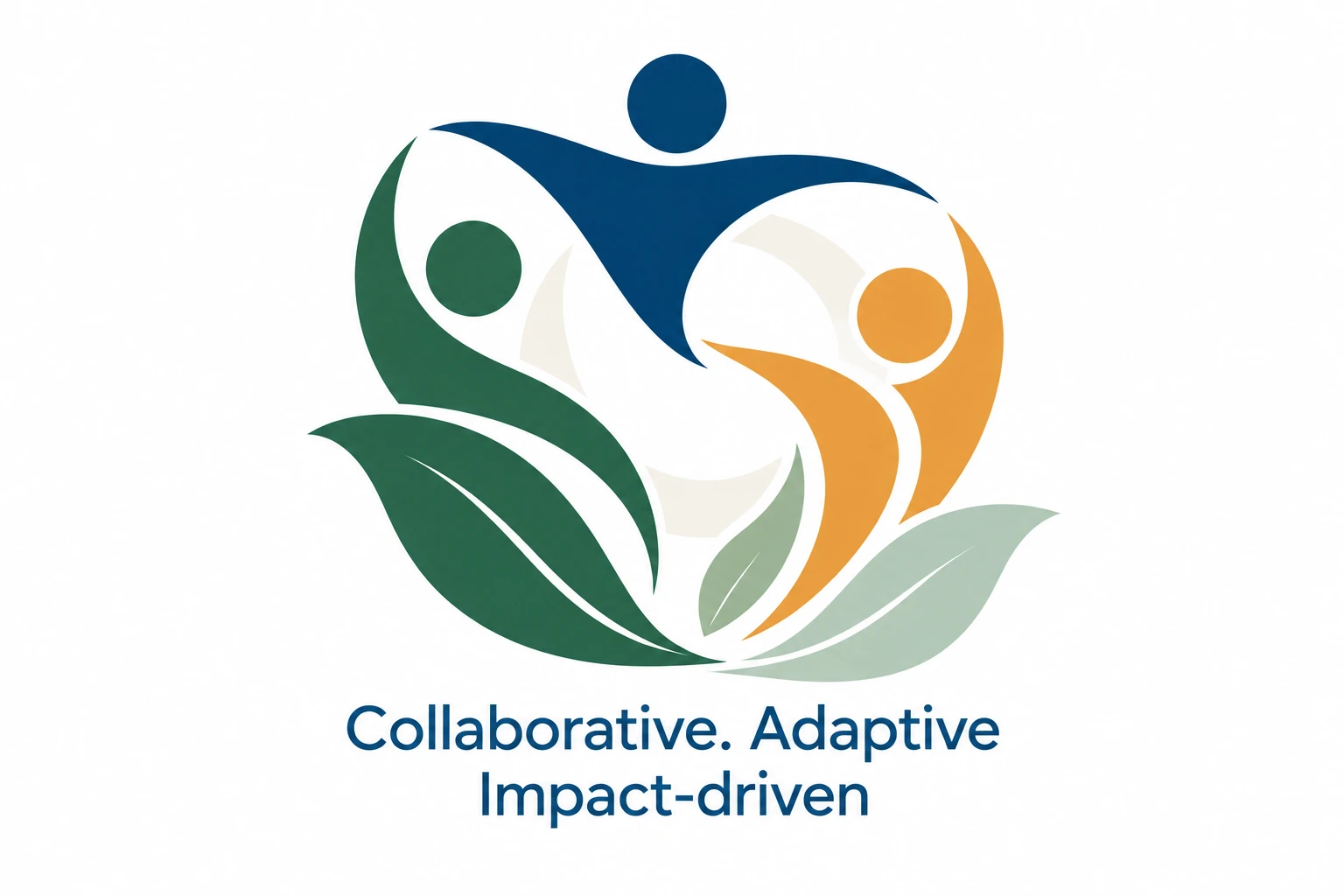 Illustration of stylized navy, green and gold figures with leaves, captioned “Collaborative. Adaptive. Impact-driven.”